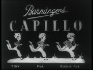 Texten Barnängens Capillo ovanför en tecknad bild av tre springande personer med orden Torr, Fet, Extra Fet under.