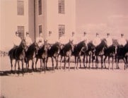 Tio män till häst står på en rad framför en byggnad.