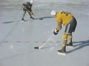 Två svenska landslagspelare på ishockeyrink.