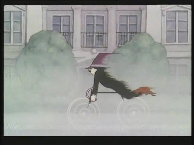 En man färdas i raketfart på en cykel, hus och träd i bakgrunden (animerat).