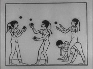 Teckning som föreställer en egyptisk gravmålning av fyra människor som kastar bollar till varandra.