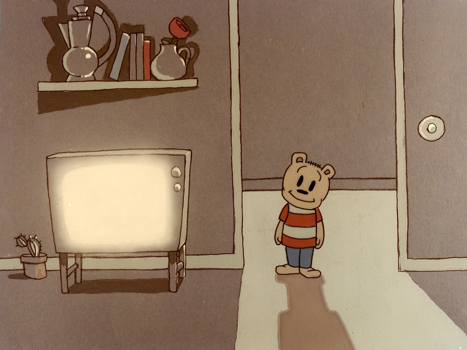Tecknad figur med huvudet på sned, tv bredvid (animerat).