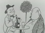 Två tecknade män vid ett cafébord, den ene tar upp en cigarr ur en ask.
