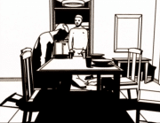 Tecknad bild av en sittande man vid ett dukat köksbord, ytterligare en man som står i bakgrunden och tittar på bordet.