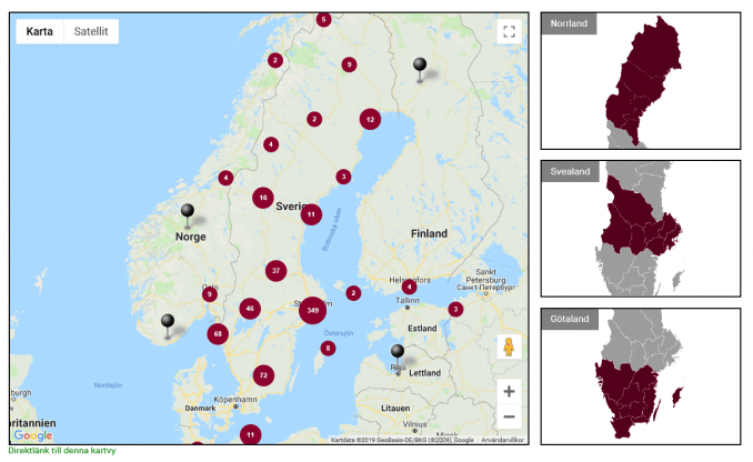 Kartor över Norden och de baltiska länderna samt de tre svenska landsdelarna. Samtliga illustrerar kartfunktionen på Filmarkivet.se