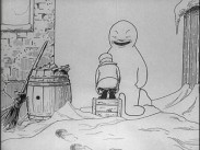 Tecknad bild av en liten pojken som står på knä på en låda framför en snögubbe.