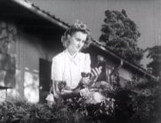 En kvinna i vit blus plockar en ros i trädgården framför en villa.