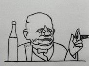 Tecknad bild av en äldre man med cigarr bakom ett bord som det står en flaska och ett glas på.