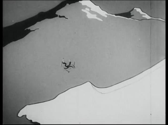 Tecknad bild av en alpinskidåkare som gör en volt i en skidbacke.